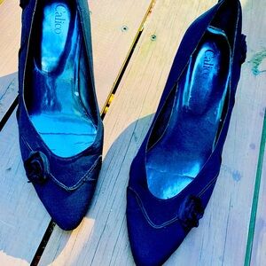 Calico black high heels leather with flower detail vintage